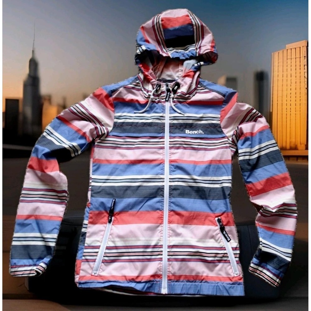 Bench Windbreaker Jacket Womens XS Multi Stripe‎ Excellent Hooded Full Zip Coat